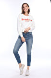 Kadın %100 Pamuk Baskılı Ekru Ultra Kalite Diagonel Şardonsuz 3iplik Bisiklet Yaka Basic Sweatshirt