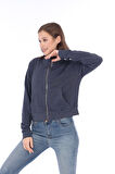 Kadın %100 Pamuk Antrasit Füme Şardonsuz 3 iplik Yumuşak Dokulu Fermuarlı Dik Yaka Sweatshirt