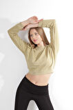 Açık Haki %100 Pamuk Baskılı Kadın Basic Crop bisiklet yaka uzun kollu sweatshirt