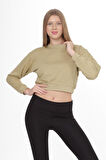 Açık Haki %100 Pamuk Baskılı Kadın Basic Crop bisiklet yaka uzun kollu sweatshirt
