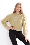 Kadın %100 Pamuk Açık Haki Ultra Kalite Diagonel Şardonsuz 3 iplik Bisiklet Yaka Basic Sweatshirt