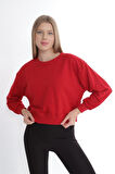 Kadın %100 Pamuk Kırmızı Ultra Kalite Diagonel Şardonsuz 3 iplik Bisiklet Yaka Basic Sweatshirt