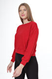 Kadın %100 Pamuk Kırmızı Ultra Kalite Diagonel Şardonsuz 3 iplik Bisiklet Yaka Basic Sweatshirt