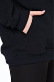% 100 Pamuk Kadın Koyu Lacivert Şardonsuz Basic 3 iplik oversize kapüşonlu kangru cepli sweatshirt