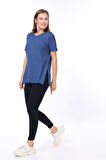 %100 Pamuk Kadın Lacivert V yaka yanı yırtmaçlı asimetrik penye pamuk örme T-shirt tişört tunik