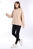 % 100 Pamuk Kadın Yumuşak Dokulu Bej Şardonsuz Basic 3 iplik oversize kapüşonlu sweatshirt