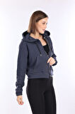 %100 Pamuk Şardonsuz Yüksek Kalite Füme 3 iplik Kapüşonlu Fermuarlı Cepli Kadın Crop Sweatshirt