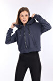 %100 Pamuk Şardonsuz Yüksek Kalite Füme 3 iplik Kapüşonlu Fermuarlı Cepli Kadın Crop Sweatshirt