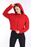 %100 Pamuk Şardonsuz Yüksek Kalite Kırmızı 3 iplik Kapüşonlu Fermuarlı Cepsiz Kadın Crop Sweatshirt