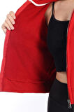 %100 Pamuk Şardonsuz Yüksek Kalite Kırmızı 3 iplik Kapüşonlu Fermuarlı Cepsiz Kadın Crop Sweatshirt
