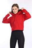 %100 Pamuk Şardonsuz Yüksek Kalite Kırmızı 3 iplik Kapüşonlu Fermuarlı Cepsiz Kadın Crop Sweatshirt