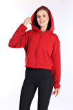 %100 Pamuk Şardonsuz Yüksek Kalite Kırmızı 3 iplik Kapüşonlu Fermuarlı Cepsiz Kadın Crop Sweatshirt