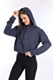 %100 Pamuk Şardonsuz Yüksek Kalite Füme 3 iplik Kapüşonlu Fermuarlı Cepsiz Kadın Crop Sweatshirt