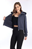 %100 Pamuk Şardonsuz Yüksek Kalite Füme 3 iplik Kapüşonlu Fermuarlı Cepsiz Kadın Crop Sweatshirt