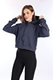 %100 Pamuk Şardonsuz Yüksek Kalite Füme 3 iplik Kapüşonlu Fermuarlı Cepsiz Kadın Crop Sweatshirt
