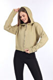 %100 Pamuk Şardonsuz Yüksek Kalite Açık Haki 3iplik Kapüşonlu Fermuarlı Cepsiz Kadın Crop Sweatshirt