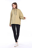 %100 Pamuk Ultra Kalite Oversize Kadın Askeri Haki 3 iplik Kapüşonlu Fermuarlı Kanguru Cepli Sweat