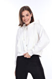 Premium Kalite %100 Pamuk Şardonsuz 3 iplik Ekru Kapüşonlu Kanguru Cepli Bağcıklı Crop Sweatshirt