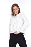 Premium Kalite %100 Pamuk Şardonsuz 3 iplik Ekru Kapüşonlu Kanguru Cepli Bağcıklı Crop Sweatshirt