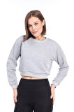 Gri Melanj %100 Pamuk Şardonsuz Kadın Basic Crop bisiklet yaka uzun kollu sweatshirt