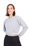 Gri Melanj %100 Pamuk Şardonsuz Kadın Basic Crop bisiklet yaka uzun kollu sweatshirt