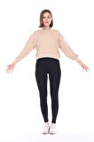 Kadın %100 Pamuk Bej Ultra Kalite Diagonel Şardonsuz 3 iplik Bisiklet Yaka Basic Sweatshirt