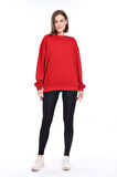 Kadın %100 Pamuk Şardonsuz Kırmızı 3 iplik Basic Oversize bisiklet yaka uzun kol Sweatshirt
