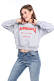 Kadın %100 Pamuk Baskılı Gri Melanj Ultra Kalite Şardonlu 3 iplik Bisiklet Yaka Basic Sweatshirt