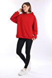 % 100 Pamuk Kadın Yumuşak Dokulu Kırmızı Şardonsuz Basic 3 iplik oversize kapüşonlu sweatshirt
