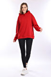 % 100 Pamuk Kadın Yumuşak Dokulu Kırmızı Şardonsuz Basic 3 iplik oversize kapüşonlu sweatshirt