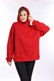 % 100 Pamuk Kadın Yumuşak Dokulu Kırmızı Şardonsuz Basic 3 iplik oversize kapüşonlu sweatshirt