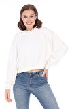 %100 pamuk Premium Kadın Şardonsuz Ekru Kapüşonlu crop sweatshirt