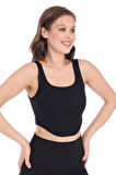 Kadın Siyah Arkası Fermuarlı Fitilli Kaşkorse Crop Top