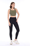 Kadın Haki Arkası Fermuarlı Fitilli Kaşkorse Crop Top