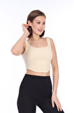 Kadın Bej Arkası Fermuarlı Fitilli Kaşkorse Crop Top