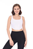 Kadın Beyaz Arkası Fermuarlı Fitilli Kaşkorse Crop Top