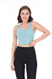 Kadın Mavi Arkası Fermuarlı Fitilli Kaşkorse Crop Top