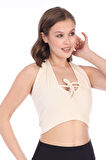 Kadın Bej Biyeli Bağcıklı Fitilli Kaşkorse Crop Top