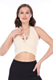 Kadın Bej Biyeli Bağcıklı Fitilli Kaşkorse Crop Top