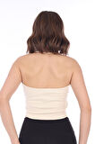 Kadın Bej Biyeli Bağcıklı Fitilli Kaşkorse Crop Top