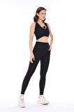 Kadın Siyah Biyeli Bağcıklı Fitilli Kaşkorse Crop Top