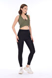 Kadın Haki Biyeli Bağcıklı Fitilli Kaşkorse Crop Top