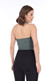 Kadın Yeşil Biyeli Bağcıklı Fitilli Kaşkorse Crop Top