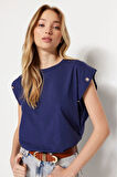 Lacivert %100 Pamuk Düğmeli Vatka Görünümlü Basic Bisiklet Yaka Örme T-shirt