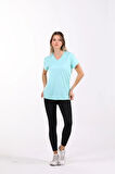 %100 Pamuk Süper Kalite Mint V Yaka Kadın Basic Tişört Örme Pamuk Penye T-shirt