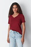 %100 Pamuk Süper Kalite Bordo V Yaka Kadın Basic Tişört Örme Pamuk Penye T-shirt