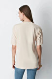 Süper Kalite Kadın %100 Pamuk Bej Bisiklet Yaka Oversize Boyfriend T-shirt