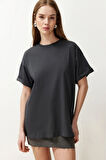 Süper Kalite Kadın %100 Pamuk Füme Antrasit Bisiklet Yaka Oversize Boyfriend T-shirt