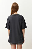 Süper Kalite Kadın %100 Pamuk Füme Antrasit Bisiklet Yaka Oversize Boyfriend T-shirt