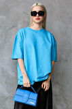 Süper Kalite Kadın %100 Pamuk Turkuaz Bisiklet Yaka Oversize Boyfriend T-shirt